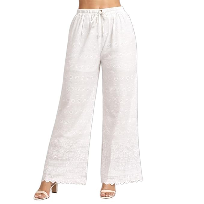 Women Cotton Palazzo Pants, Wide-Leg, Elastic Waistband with Drawstring, Chikankari Embroidery, Casual and Ethnic Wear-image-21