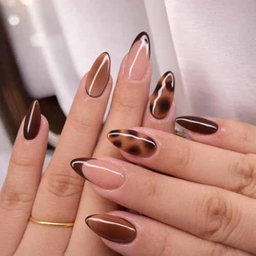 Image of 24 Pcs Fake Nails with Glue and Kit|Brown Sugar Almonds Tortoise french tip Press On Nails | ABS Material UV Protected Long Lasting Finish | Reusable Customizable Nail Kit (Brown - Long Almond)