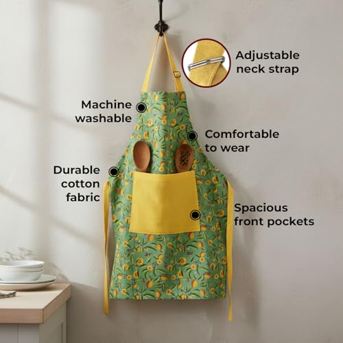 Image of HAZEL Cotton Kitchen Apron with Front Pocket | Adjustable Neck Strap & Tie Back | Reusable Cooking, Baking & Cleaning Apron for Men & Women (Yellow & Green)