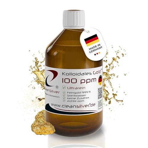 CleanSilver Kolloidales Gold 100 ppm 500ml, Ultrarein: Sterilwasser und Feingold 99,99% - Made in Germany- Stets frische Herstellung im eigenen Labor