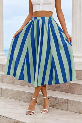 Image of Cicy Bell Womens Summer Striped Maxi Skirts A-Line Beach Vacation Outfits | Elastic Waist, Side Pockets, Flowy, Midi Length, Color Contrast, Trendy Casual