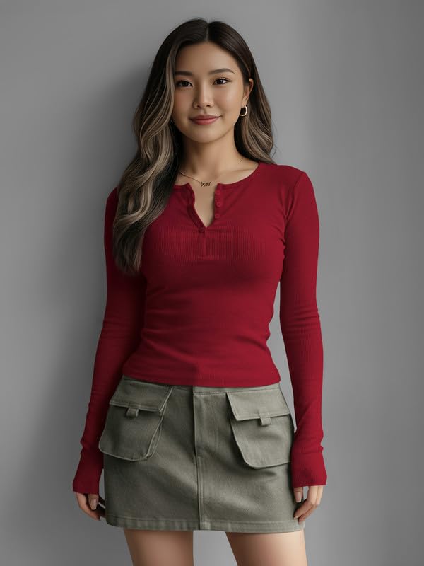 Image of Dream Beauty Fashion Women's Long Sleeve Slim Fit Top /T-Shirt Henley Neck Casual (BZF-Top-Saiyaara-1)