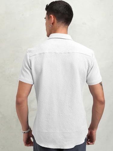 Image of Zombom Men's Poly Cotton Textured Short Sleeve Shirt | Slim Fit Casual Wear | Premium Stretch Fabric | Button Down Collar | Stylish Party Shirt for Men