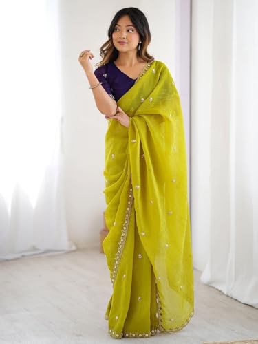 Image of Sidhidata Women's Crunchy Chiffon Embroidered Saree With Handwork Pearl Saree With Embroidered Unstitched Blouse Piece (Crunchy Mustard Mustard Free Size)
