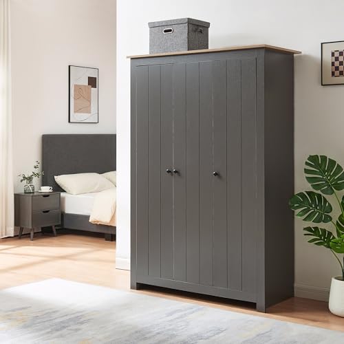 [en.casa] Armario Dormitorio Vasand con 3 Puertas 2 Percheros 3 Compartimentos Cerrados Armario Ropero Clóset para Dormitorio Vestidor Aglomerado 175 x 120 x 52 cm - Gris/Roble