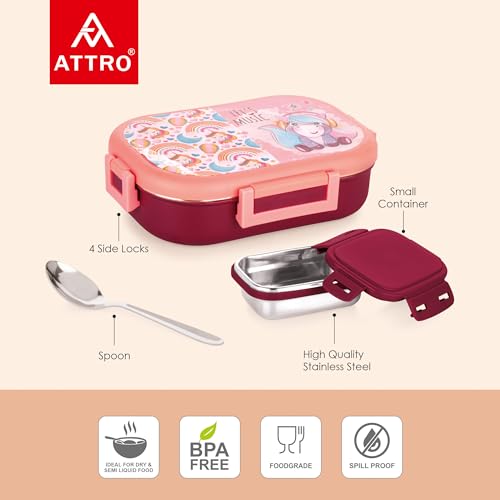 Image of Attro Food Time Deluxe Stainless Steel Lunch Box with 1 Small Container & Eyecatchy Prints Airtight & Spillproof - 750ml+250ml Unicorn Brown Peach
