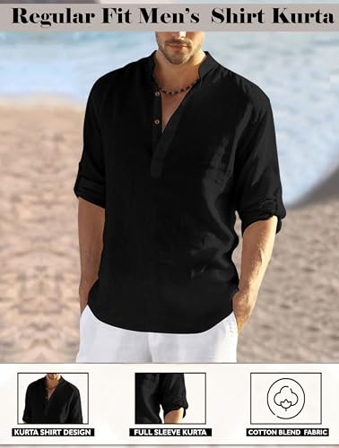 Image of FINIVO FASHION Men's Cotton Blend Solid Full Sleeve Combo Short Kurta Shirt, Regular Fit Solid Pattern Mandarin Collar Straight Kurta Shirt