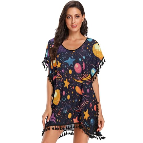 KAAVIYO Cute Stars Galaxy Constellations Women's Beach Cover Up Chiffon Tassel Swimwear Swimsuit Coverups for Girl