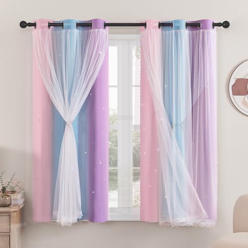 XiDi Rideaux Chambre Enfant, Rideaux Occultants avec Tulle Décoratif, Motifs Étoilés, 86x160 CM(Largeur x Hauteur), Rose/Bleu/Violet, 2 Pièces