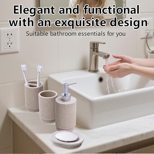 Sapisecret Badezimmer Set 4-TLG Beige | Seifenspender + Zahnputzbecher Set mit Halter & Seifenschale | Streifen-Design aus Polyharz | Bruchsicher, Wasserdicht & Anti-Rutsch