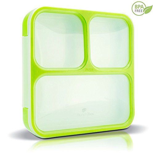 MUNCHBOX Bento Lunch Box - Sleek Edition (Green) Ultra-Slim Tray Leakproof 3-Compartment with Air Tight Seal Prevents from Mixing and Spilling - Microwavable Dishwasher Friendly For Kids & Adults.