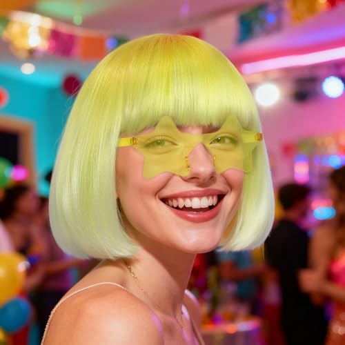 Image of ANOGOL Hair Cap + (Sunglasses) Yellow Gradient Bob Wig with Bangs Womens Party Wigs with Star-Shaped Glasses Short Neon Wig Daily Party Fun Wigs Women Halloween Costume Bachelorette Hair