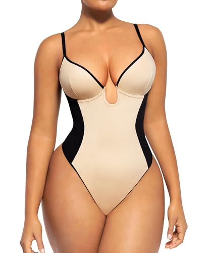 SHAPELLX Shapewear Bodysuit for Women Thong U Plunge Backless Body Shaper Bra Women Beige Shapewear Top Built in Bra