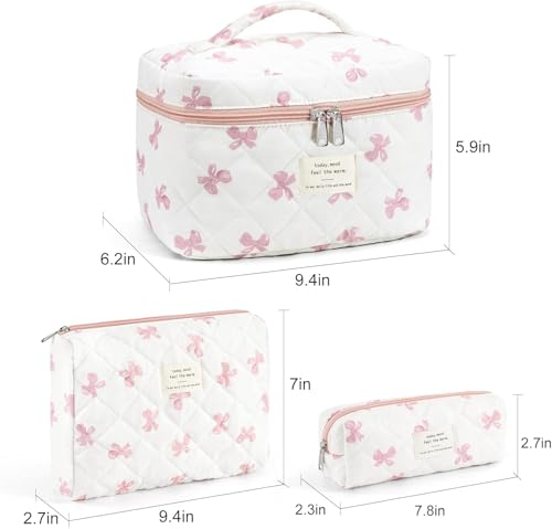 Image of Lyrovo Makeup Organizer Cosmetic Bag Quilted Large Floral Make Up Organize Set for Women Flower Travel Toiletry Bag (TIE-Pink)