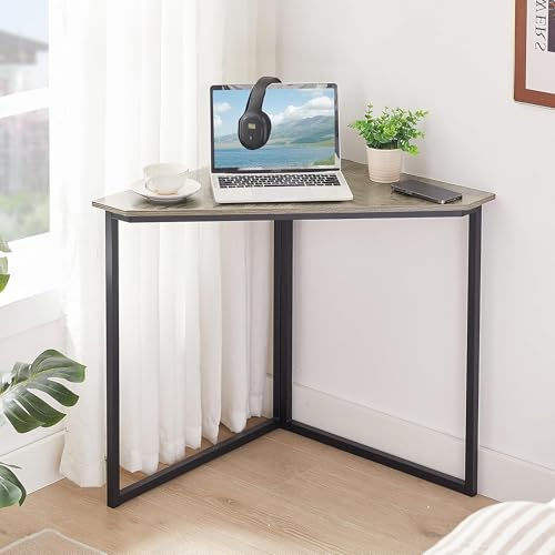 VECELO Corner Desk,Office Tables for Living Room for Small Space Triangle Computer Desk with Steel Frame Corner Shelves with Metal Frame Writing Desk for Workstation Classic Grey 33.1