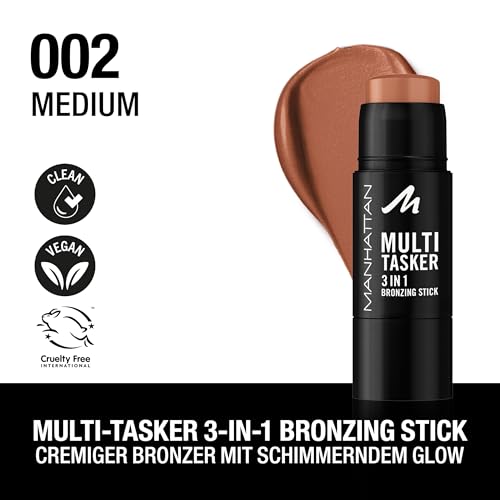 Manhattan Multi-Tasker 3-In-1 Bronzing Stick, cremiger Bronzer mit lichtreflektierenden Pigmenten, warm-schimmerndes Finish, vegane Formel, 4,5 g, Fb. 002, Medium