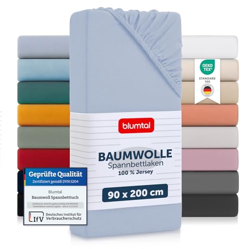 Blumtal® Basics Spannbettlaken 90x200cm Jersey - 100% Baumwolle - Oeko-TEX zertifiziert - Hellblau