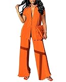 Women 2 Pieces Pants Set Loose Solid Color Button Down Short Sleeve Shirt Wide Leg Palazzo Pants Outfits Sweatsuit Orange L