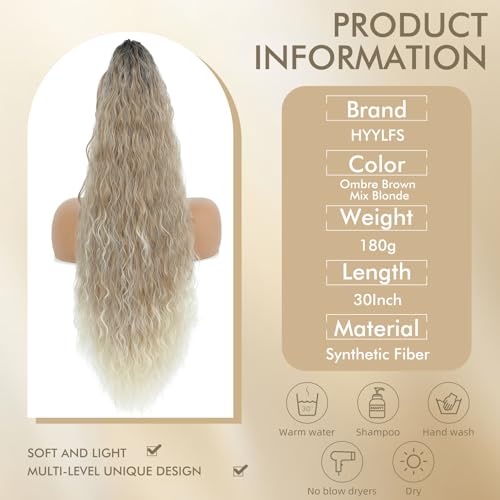 Image of Claw Clip Ponytail Extension 30In Wavy Curly Hair,Ombre Brown Mix Blonde