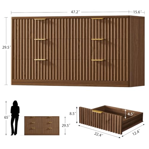 Image of TEENFON Fluted 6 Drawer Dresser for Bedroom, Wide Modern Chest of Drawers with Metal Handle, Curved Profile Design, Wood Closet Clothes Storage Organizer for Bedroom, Hallway, Walnut