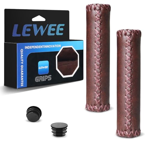 LEWEE Bike Handlebar Grips, Brown Vinyl Leather Bicycle Grips, Hand-Stitched Beach Cruiser Bike Grips for 22.2 (7/8