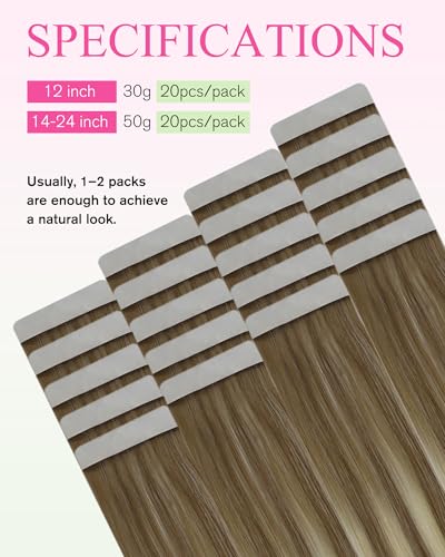 Image of YoungSee Human Hair Tape in Extensions Balayage Brown, Tape in Hair Extensions Real Human Hair, Light Brown Ombre Platinum Blonde, 12 Inch 20pcs 30g, Tape Hair Extension, Soft Texture, for Thin Hair