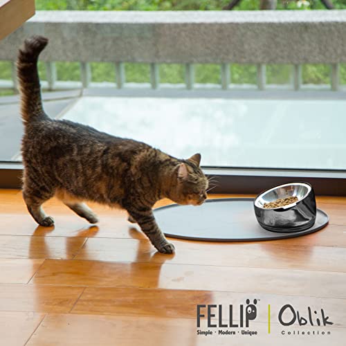 Image of Felli Pet Oblik Whisker Fatigue Friendly & Anti Vomit Elevated Cat Food Water Bowl Stainless Steel Tilted Shallow Dish, Slanted Angled Metal Plate Dry Wet Feeder, Raised Acrylic Base (0.5 Cups, Smoky)
