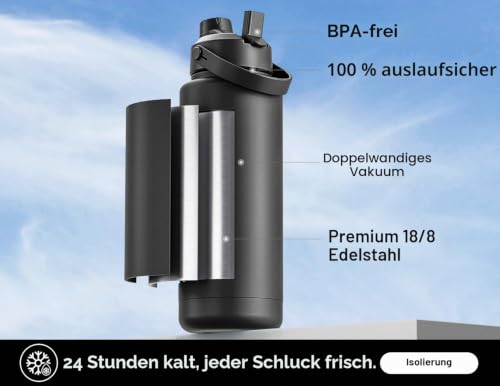 POWCAN Edelstahl Trinkflasche, Auslaufsicher, 2-in-1 Deckel, 1183ml – Ansicht 2