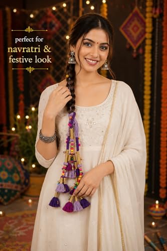 Image of Zippy Flora Handmade Kalee Boho Cotton Parandi | Traditional Hair Accessory with Tassles & Ghoonghru | Hair Extension|Choti |Women's Patiala Shahi Paranda | Kalee Parandi (Purple) | 22 Inches Length
