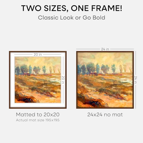 Image of Homeforia 24x24 Picture Frame Brown, High End Dark Oak 24 x 24 Square Wood Frame with Mat 20 x 20 for Photo, 24by24 Wooden Walnut Poster Frame Matted to 20x20 Print, Tempered Glass, Wall Kit, Set of 1