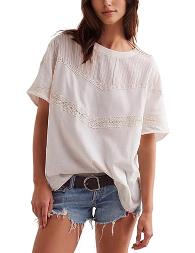 Yidarer Women Summer Oversized Lace Cotton Tops Crew Neck Short Sleeve Cute Shirts Casual Boho Crochet Blouses