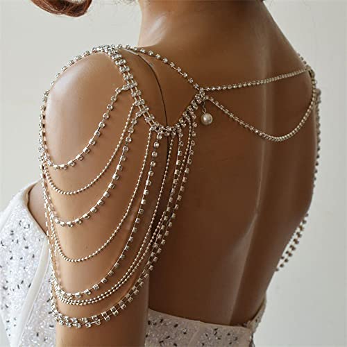 Xerling Silver Rhinestones Shoulder Harness Body Chain Fringe Tassels Bra Chain Body Jewelry Wedding Arm Chain for Women Summer Bikini Body Tassels3