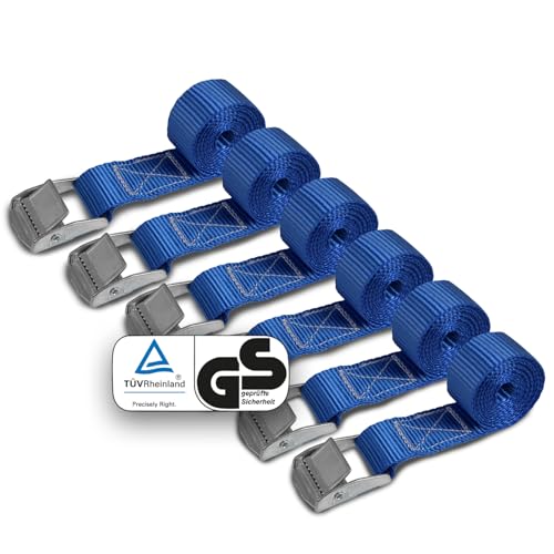 Spanngurte Zurrgurt | TÜV geprüft | Spanngurt Befestigungsgurt mit Klemmverschluss | Blau | Belastbar bis 250 kg | Diverse Längen Stückzahlen - 6er Pack 2.5 cm x 1 m