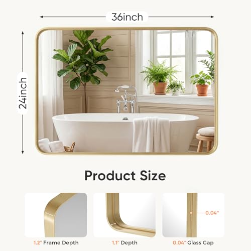 Image of Sweetcrispy Bathroom Wall Mirror, 36x24 Inch Wall Mount Mirror for Over Sink, Modern Rounded Rectangle Vanity Mirrors with Matte Metal Framed, for Home Decor, Living Room, Bedroom, Gold