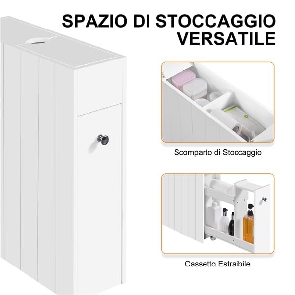 Yaheetech Mobile da Bagno Salvaspazio Alto e Stretto Carrellino Salvaspazio Mensola Nicchia con Ruote Organizzatore Mobiletto da Terra Porta Carta Igienica 50 × 17 × 58 cm Bianco