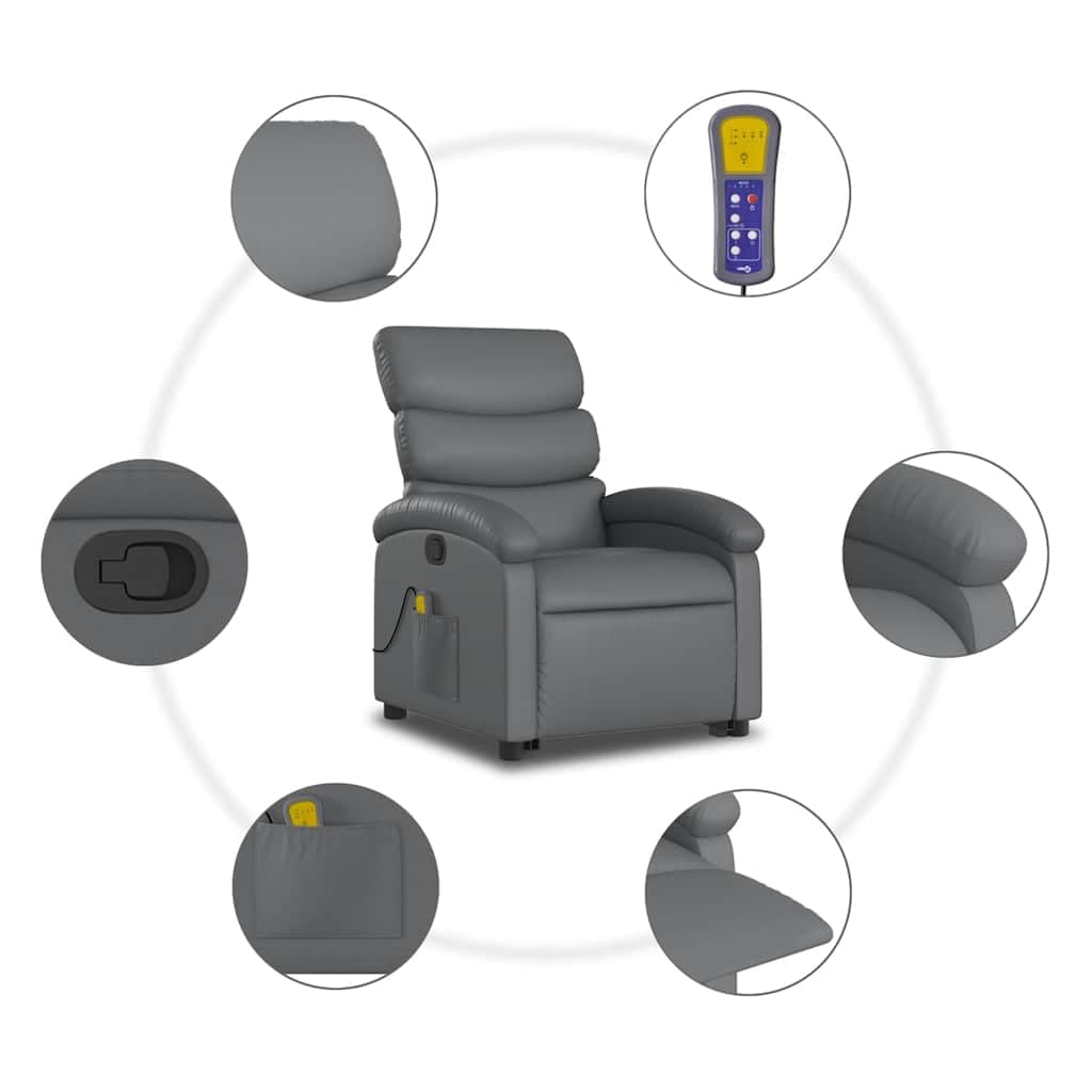 Sillón elevador reclinable con masaje de 6 puntos, color gris, piel sintética, función elevación eléctrica y vibración, estructura estable de madera y metal, bolsillo lateral