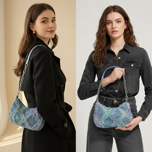 Bolso bandolera acolchado de mezclilla para mujer YAMEIZE con estampado de estrella, tipo clutch o hobo, bolso tote pequeño con cierre de cremallera miniatura 2