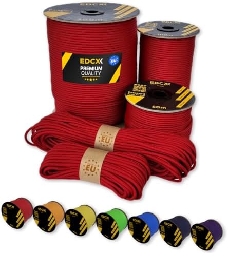 EdcX Paracord 4mm, 35+ Solid Colors (10m, 15m, 30m, 50m, 100m, 300m) | Ideal for Crafting, DIY, Camping, Survival, Outdoor | 100% Nylon Rope 4mm | Tactical Cord 550 Type III (Red, 50 m)