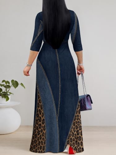 Image of Women's V Neck Floral Maxi Dress 3 /4 Sleeve Plus Size Boho Wrap Flowy Long Dresses with Belt