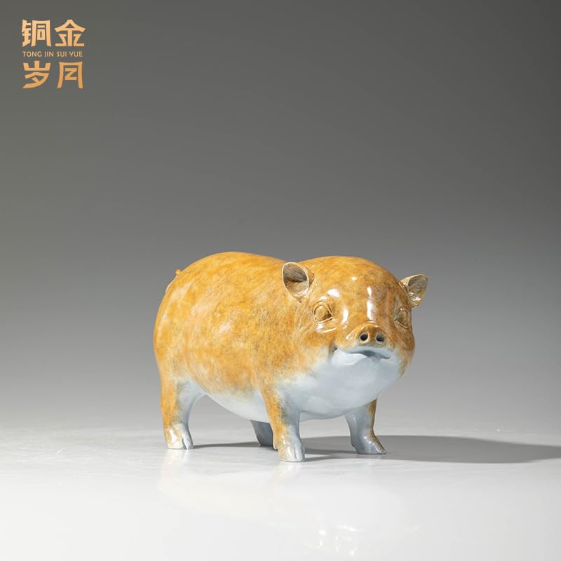 Figurka z mosiądzu Tongyifang Fortune Pig – statua chińskiej świni zodiaku, dekoracja na biurko z litego mosiądzu do salonu, gabinetu i biura, 9,45 "dł. x 3,74" szer. x 5,31 "wys.