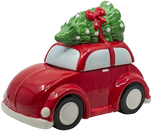 Stephanie Imports Hand Painted Red Car Christmas Themed Winter Holiday Ceramic Cookie Jar