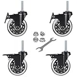 Hirate 3' Industrial Castors, 3/8'-16 x 1.5' Threaded Stem Swivel Locking Caster for Carts Dolly Workbench Trolley, Includes Flange Lock Nuts (set of 4 with Brake)