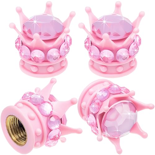 MEAJOO 4PCS Crown Bling Tire Stem Valve Caps, Crystal Diamond Car Wheel Tire Valve Caps Universal Copper Core Stem Covers for Cars, SUV, Trucks, Bikes, Motorcycles, Bicycles (Pink)