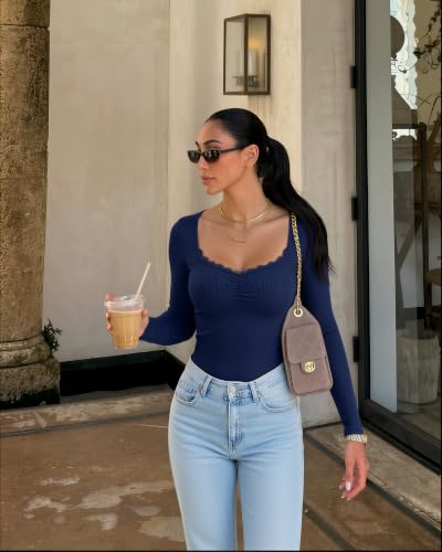 Image of SUUKSESS Women Sweetheart V Neck Long Sleeve Tops Lace Trim Ribbed Modal Fall Going Out Shirts