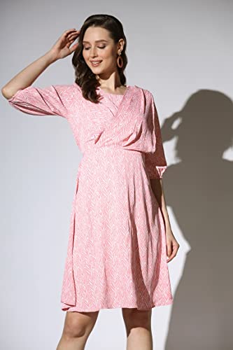 Image of Leriya Fashion Dresses for Women | Fancy Rayon Zig Zag Printed Faux Wrap Western Dress | Fit & Flare Knee Length Dresses for Girls | Loose Narrow Elastic Cuffs Sleeves