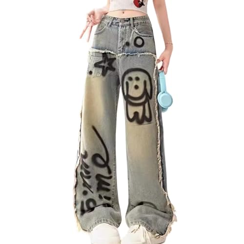 Casual Y2K Straight Wide Leg Jeans Fashion Vintage Gradual Graphic Printing Fringe High Waisted Denim Pants
