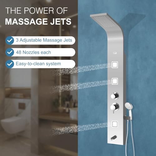 Image of JAAZ | Imperial Steel Matte Shower Panel Tower System | 3 Body Jets, Tub Spout & Hand Shower with 3 Modes | Adjustable Knobs | Bathroom Shower Set