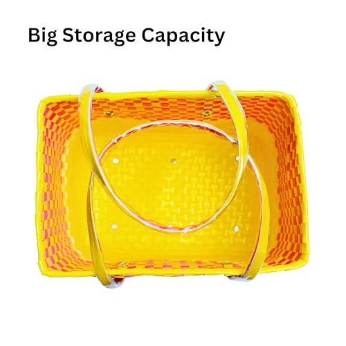 Image of Hand Made Multipurpose Plastic Basket with Lid | Eco-Friendly, Washable, Rust-Free Storage Basket for Kitchen, Picnic, Toys, Travel, Office | Lightweight basket (Yellow with Pink, Small)