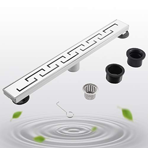 Limited Stock BARONAGE 24 inch Linear Shower Drain with Removable Pattern Grate, 304 Stainless Steel Rectangle Shower Floor Drain Adjustable Leveling Feet Hair Strainer Watermark & CUPC Certified Silver