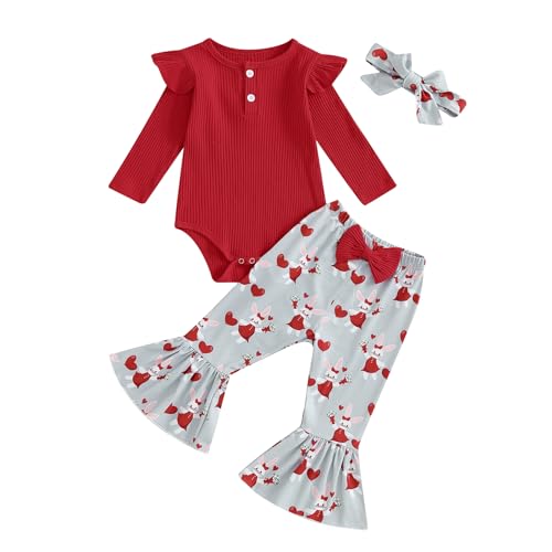 Image of fhutpw Newborn Baby Girl Clothes Infant Rib Frill Long Sleeve Romper Flared Pants Headband Set 3pcs Fall Winter Outfits